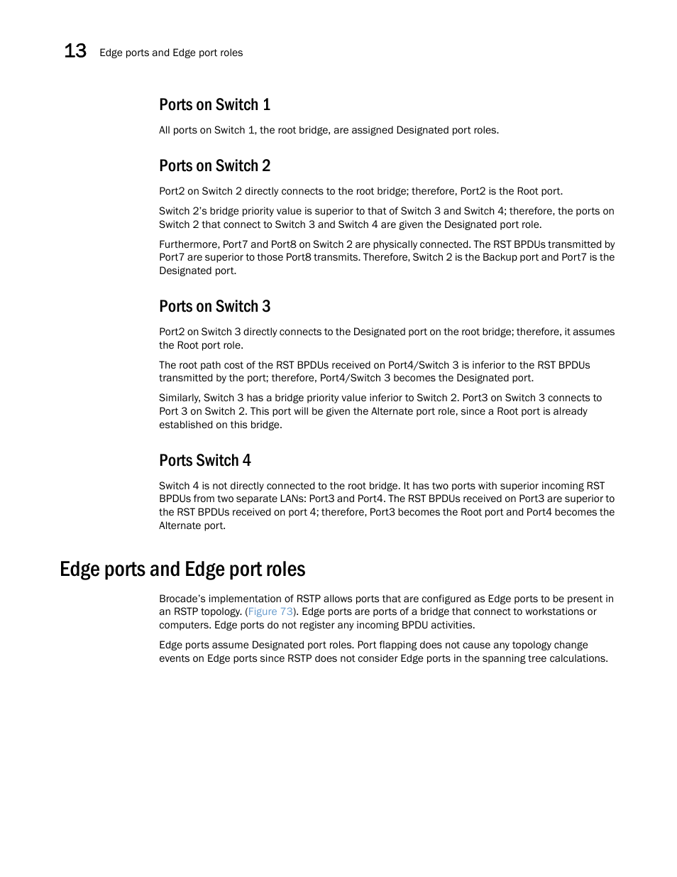 Ports on switch 1, Ports on switch 2, Ports on switch 3 | Ports switch 4, Edge ports and edge port roles | Brocade Multi-Service IronWare Switching Configuration Guide (Supporting R05.6.00) User Manual | Page 438 / 984