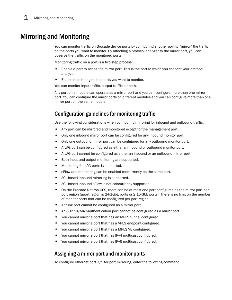 Mirroring and monitoring, Configuration guidelines for monitoring traffic, Assigning a mirror port and monitor ports | Brocade Multi-Service IronWare Switching Configuration Guide (Supporting R05.6.00) User Manual | Page 44 / 984