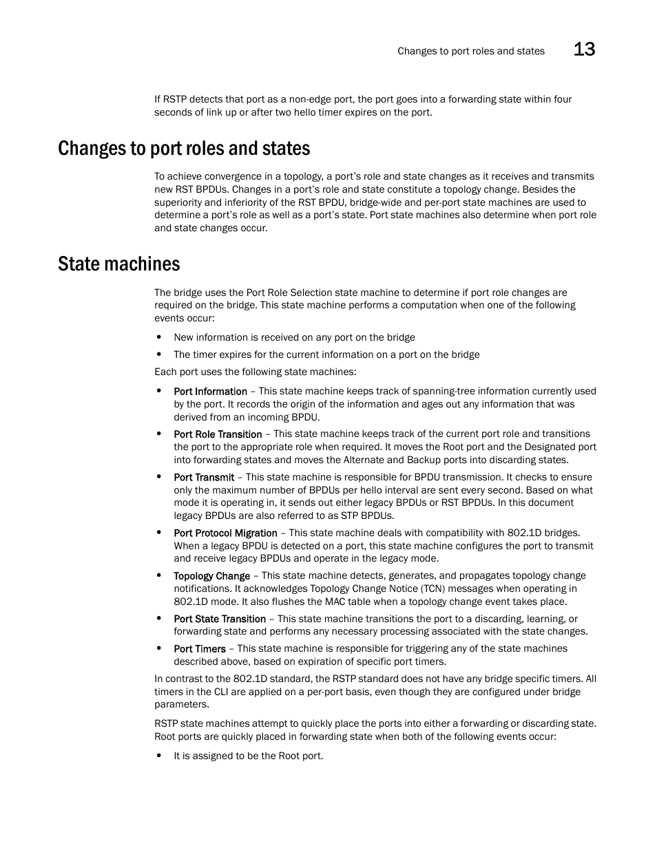 Changes to port roles and states, State machines | Brocade Multi-Service IronWare Switching Configuration Guide (Supporting R05.6.00) User Manual | Page 441 / 984