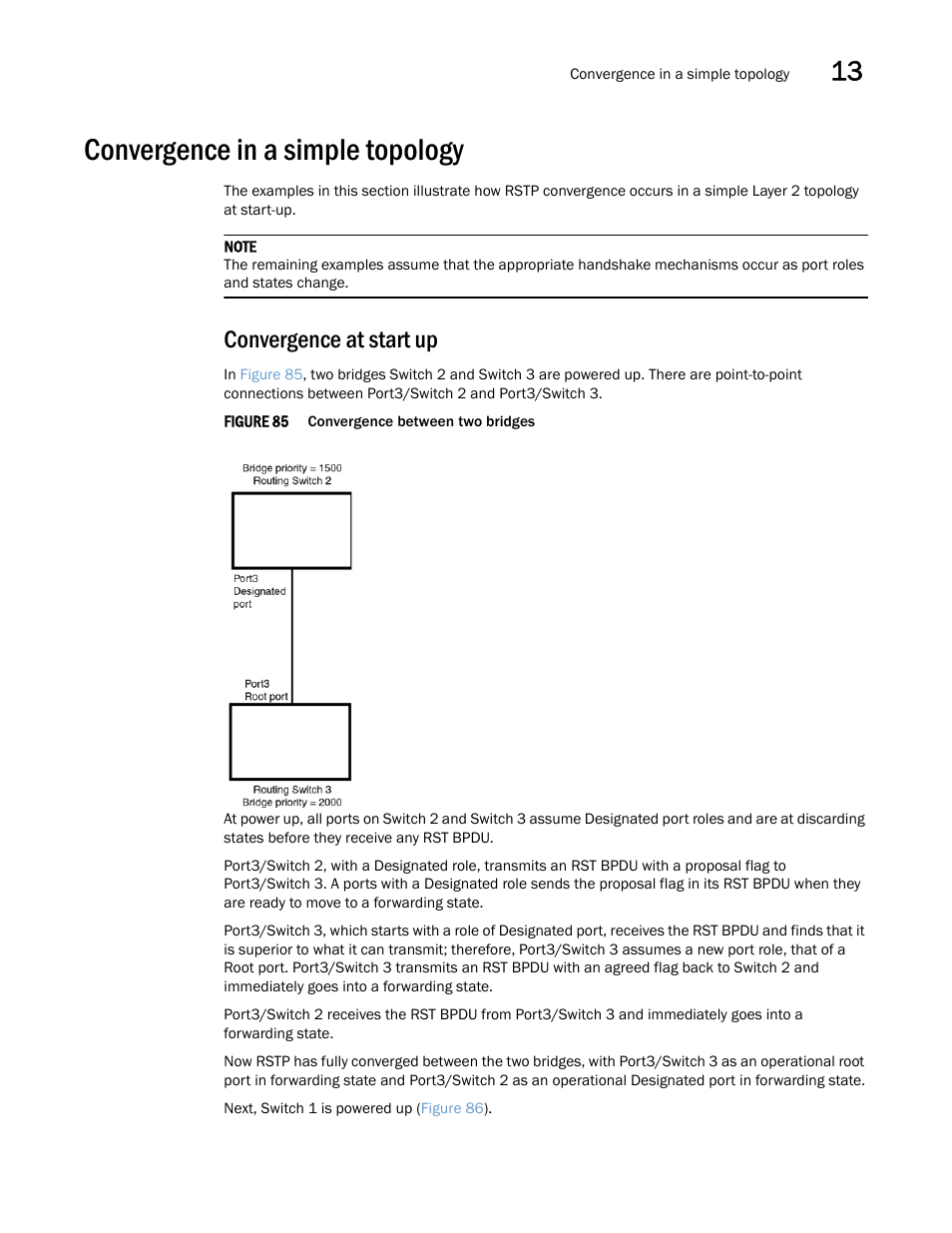 Convergence in a simple topology, Convergence at start up | Brocade Multi-Service IronWare Switching Configuration Guide (Supporting R05.6.00) User Manual | Page 453 / 984