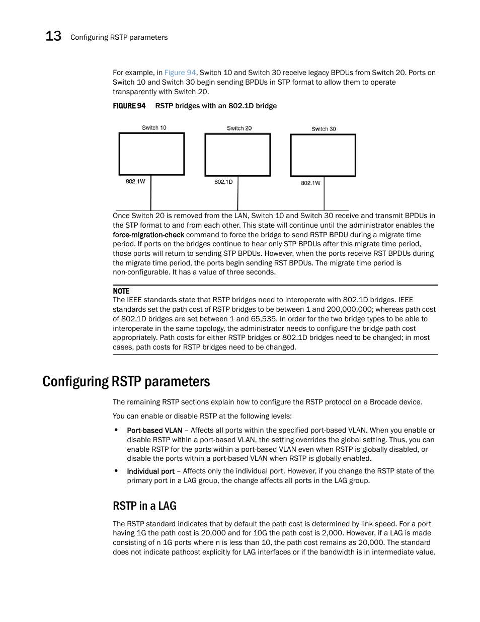 Configuring rstp parameters, Rstp in a lag | Brocade Multi-Service IronWare Switching Configuration Guide (Supporting R05.6.00) User Manual | Page 464 / 984