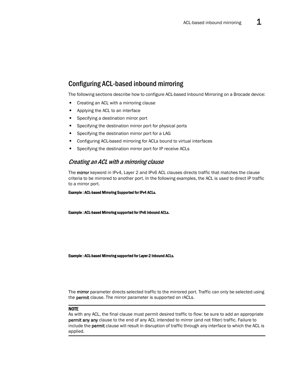 Configuring acl-based inbound mirroring, Creating an acl with a mirroring clause | Brocade Multi-Service IronWare Switching Configuration Guide (Supporting R05.6.00) User Manual | Page 47 / 984