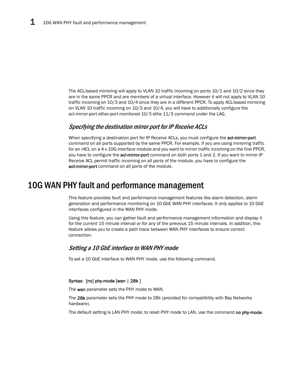 10g wan phy fault and performance management, Setting a 10 gbe interface to wan phy mode | Brocade Multi-Service IronWare Switching Configuration Guide (Supporting R05.6.00) User Manual | Page 50 / 984