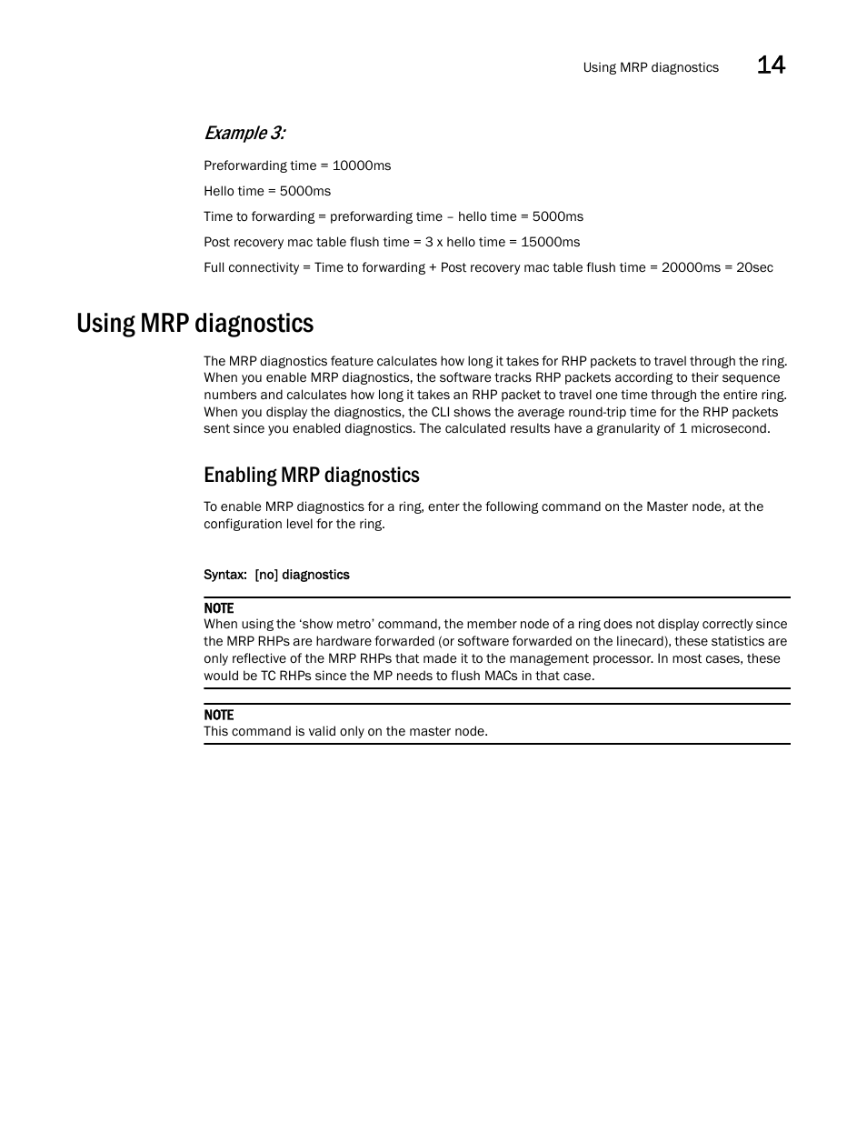 Using mrp diagnostics, Enabling mrp diagnostics, Example 3 | Brocade Multi-Service IronWare Switching Configuration Guide (Supporting R05.6.00) User Manual | Page 533 / 984