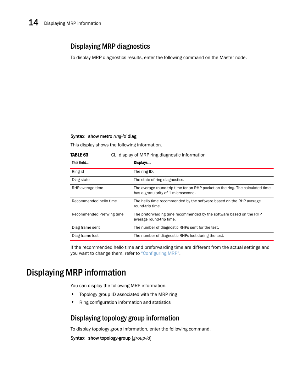 Displaying mrp diagnostics, Displaying mrp information, Displaying topology group information | Brocade Multi-Service IronWare Switching Configuration Guide (Supporting R05.6.00) User Manual | Page 534 / 984