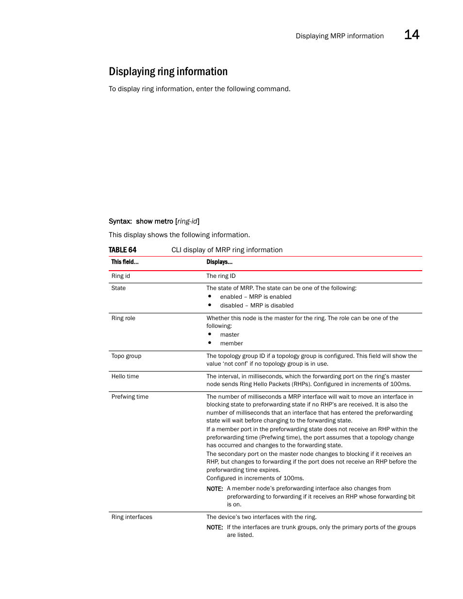 Displaying ring information | Brocade Multi-Service IronWare Switching Configuration Guide (Supporting R05.6.00) User Manual | Page 535 / 984