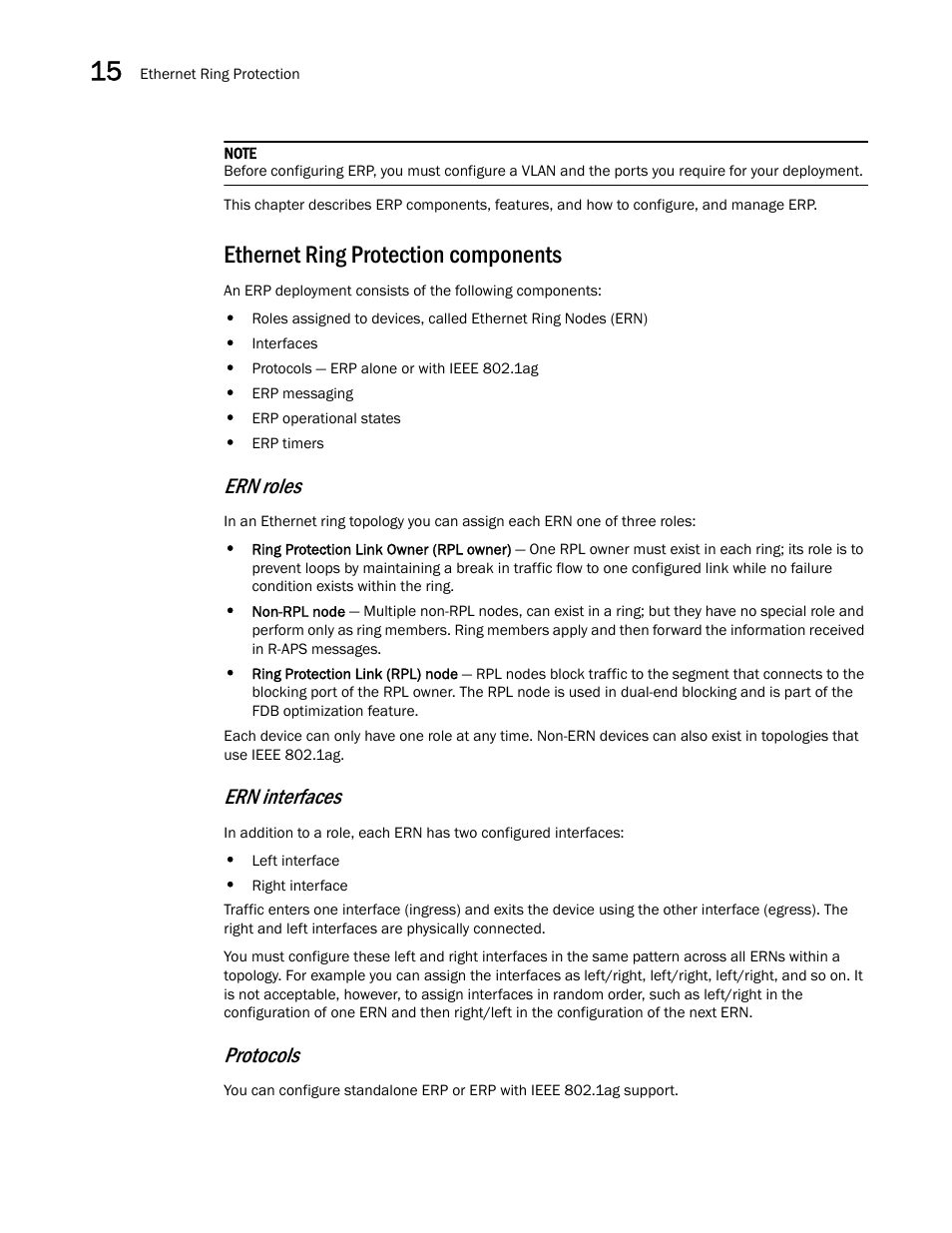 Ethernet ring protection components, Ern roles, Ern interfaces | Protocols | Brocade Multi-Service IronWare Switching Configuration Guide (Supporting R05.6.00) User Manual | Page 542 / 984