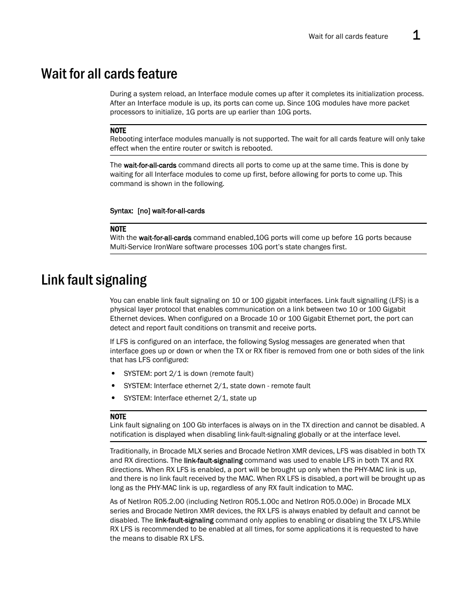 Wait for all cards feature, Link fault signaling | Brocade Multi-Service IronWare Switching Configuration Guide (Supporting R05.6.00) User Manual | Page 55 / 984