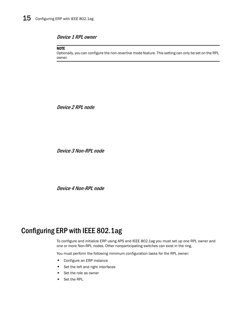 Configuring erp with ieee 802.1ag, Device 1 rpl owner, Device 2 rpl node | Device 3 non-rpl node, Device 4 non-rpl node | Brocade Multi-Service IronWare Switching Configuration Guide (Supporting R05.6.00) User Manual | Page 560 / 984