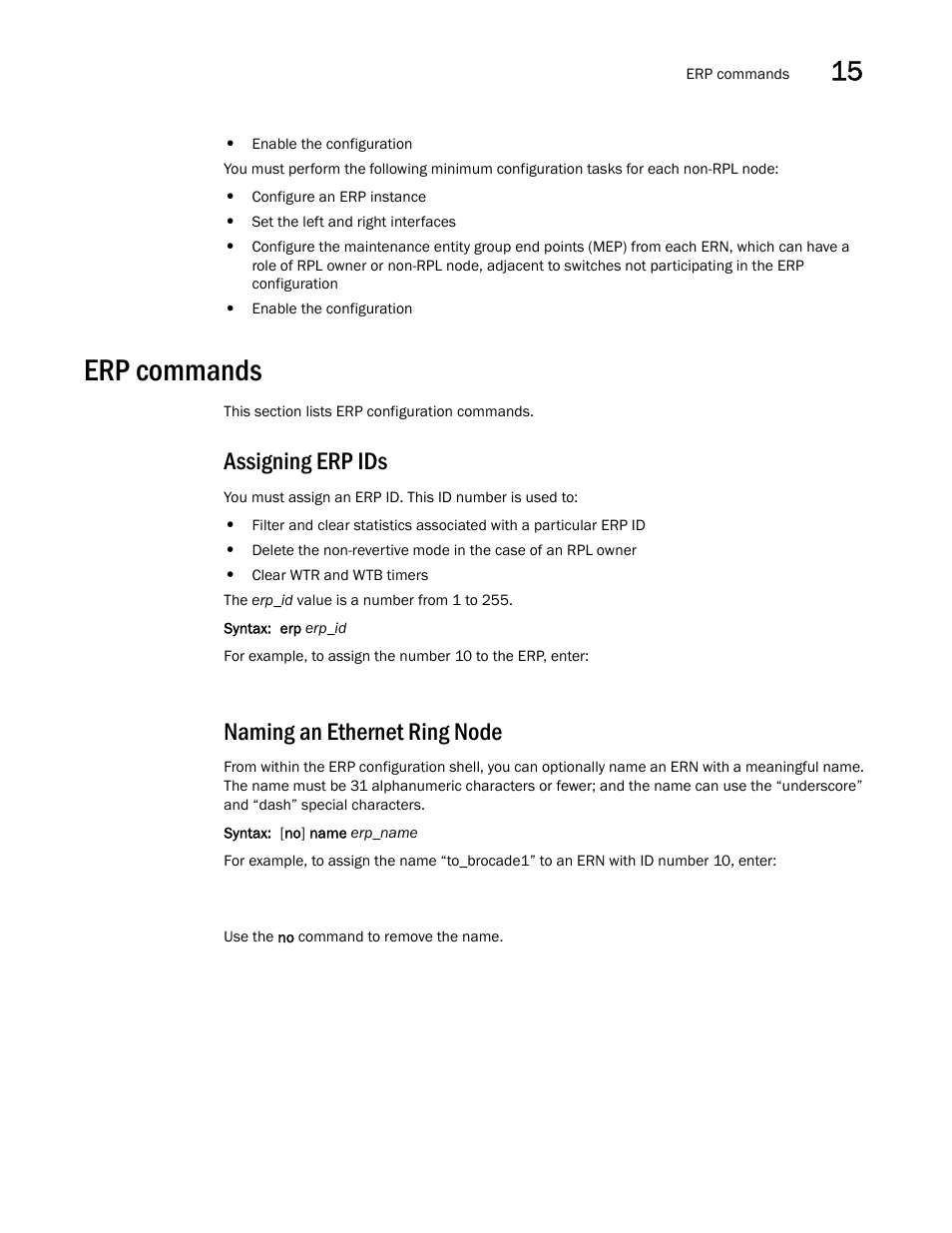 Erp commands, Assigning erp ids, Naming an ethernet ring node | Brocade Multi-Service IronWare Switching Configuration Guide (Supporting R05.6.00) User Manual | Page 561 / 984