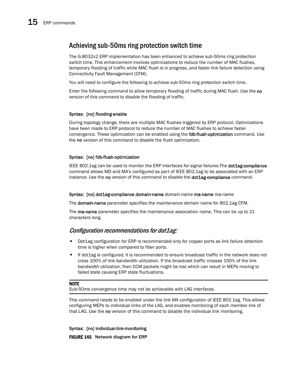 Achieving sub-50ms ring protection switch time, Configuration recommendations for dot1ag | Brocade Multi-Service IronWare Switching Configuration Guide (Supporting R05.6.00) User Manual | Page 564 / 984