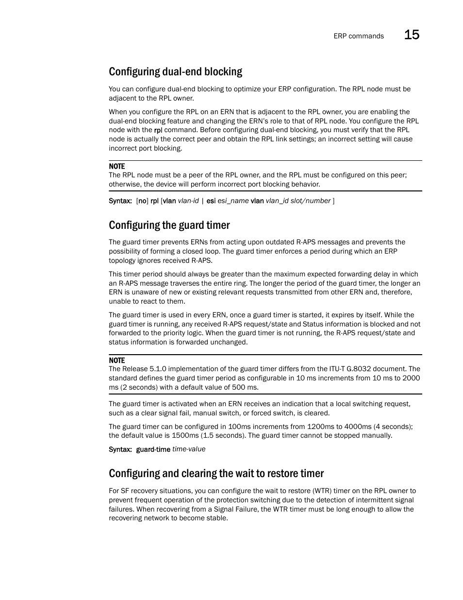 Configuring dual-end blocking, Configuring the guard timer, Configuring and clearing the wait to restore timer | Brocade Multi-Service IronWare Switching Configuration Guide (Supporting R05.6.00) User Manual | Page 567 / 984