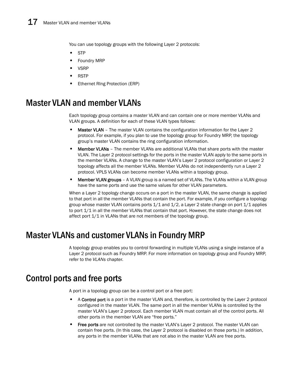 Master vlan and member vlans, Master vlans and customer vlans in foundry mrp, Control ports and free ports | Brocade Multi-Service IronWare Switching Configuration Guide (Supporting R05.6.00) User Manual | Page 612 / 984