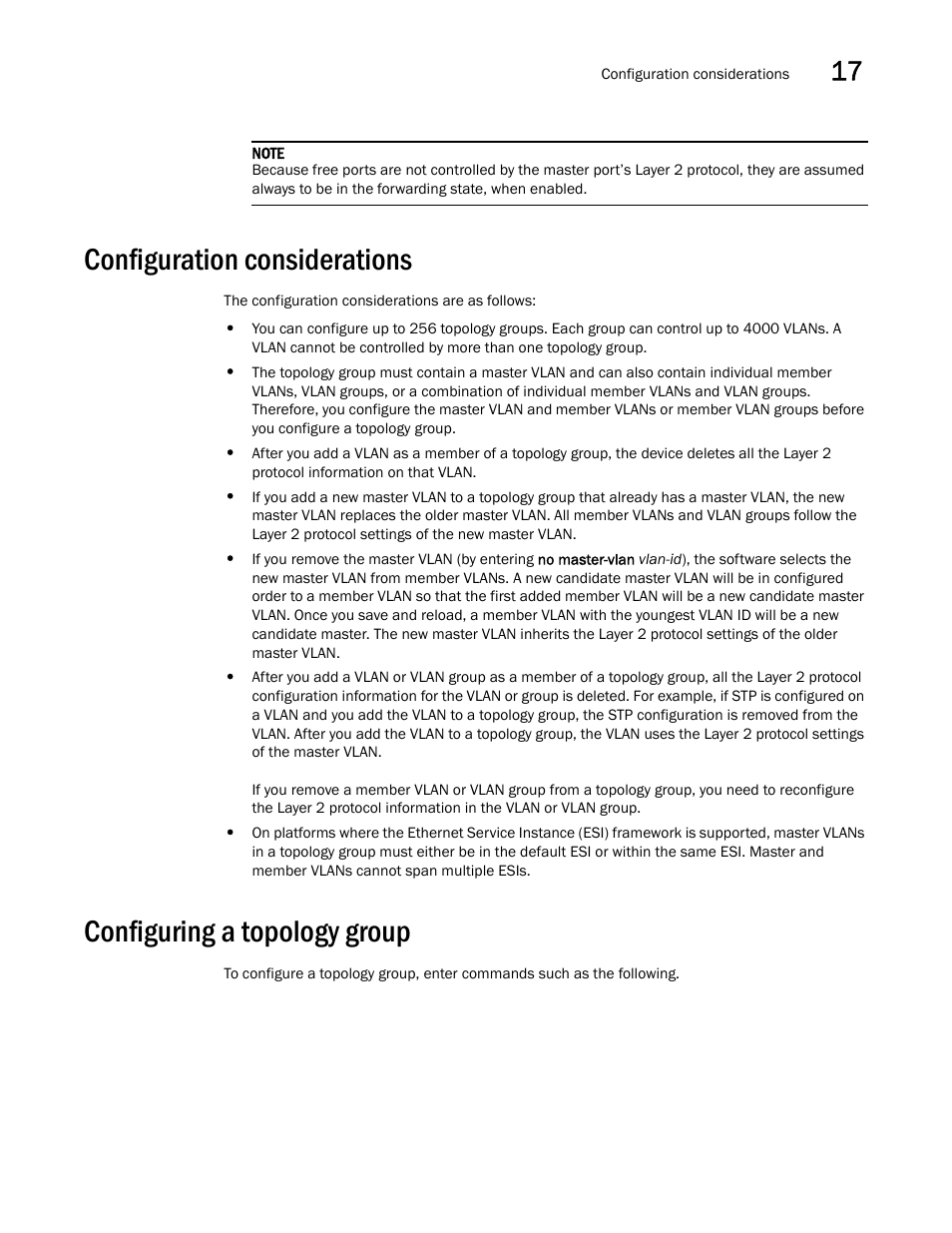 Configuration considerations, Configuring a topology group | Brocade Multi-Service IronWare Switching Configuration Guide (Supporting R05.6.00) User Manual | Page 613 / 984