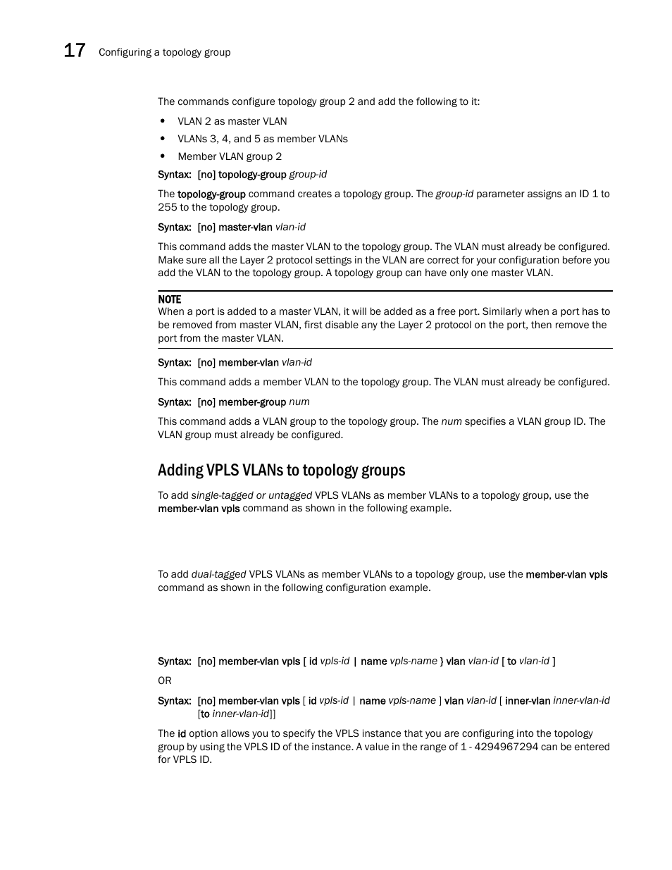Adding vpls vlans to topology groups | Brocade Multi-Service IronWare Switching Configuration Guide (Supporting R05.6.00) User Manual | Page 614 / 984