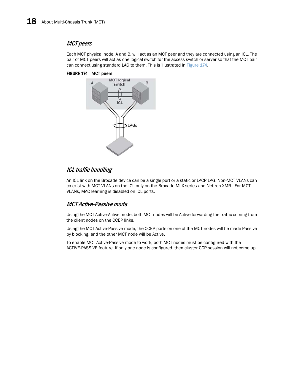 Mct peers, Icl traffic handling, Mct active-passive mode | Brocade Multi-Service IronWare Switching Configuration Guide (Supporting R05.6.00) User Manual | Page 626 / 984