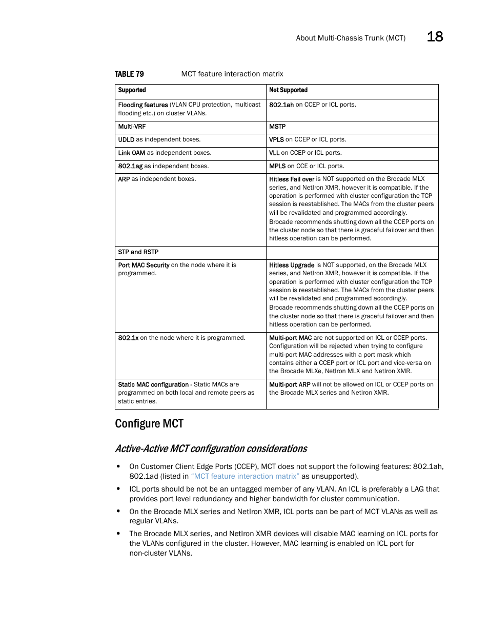 Configure mct, Active-active mct configuration considerations | Brocade Multi-Service IronWare Switching Configuration Guide (Supporting R05.6.00) User Manual | Page 631 / 984