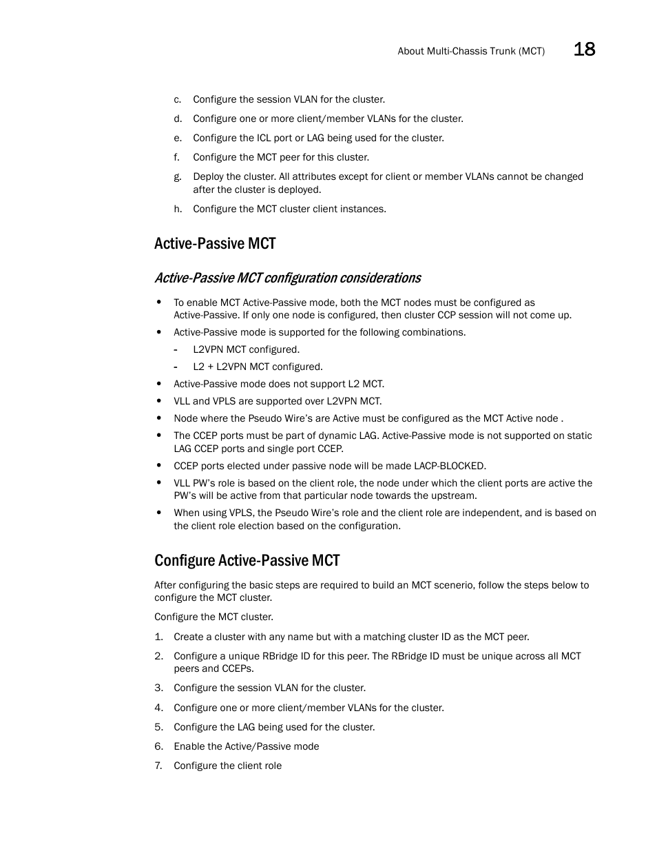 Active-passive mct, Configure active-passive mct, Active-passive mct configuration considerations | Brocade Multi-Service IronWare Switching Configuration Guide (Supporting R05.6.00) User Manual | Page 633 / 984