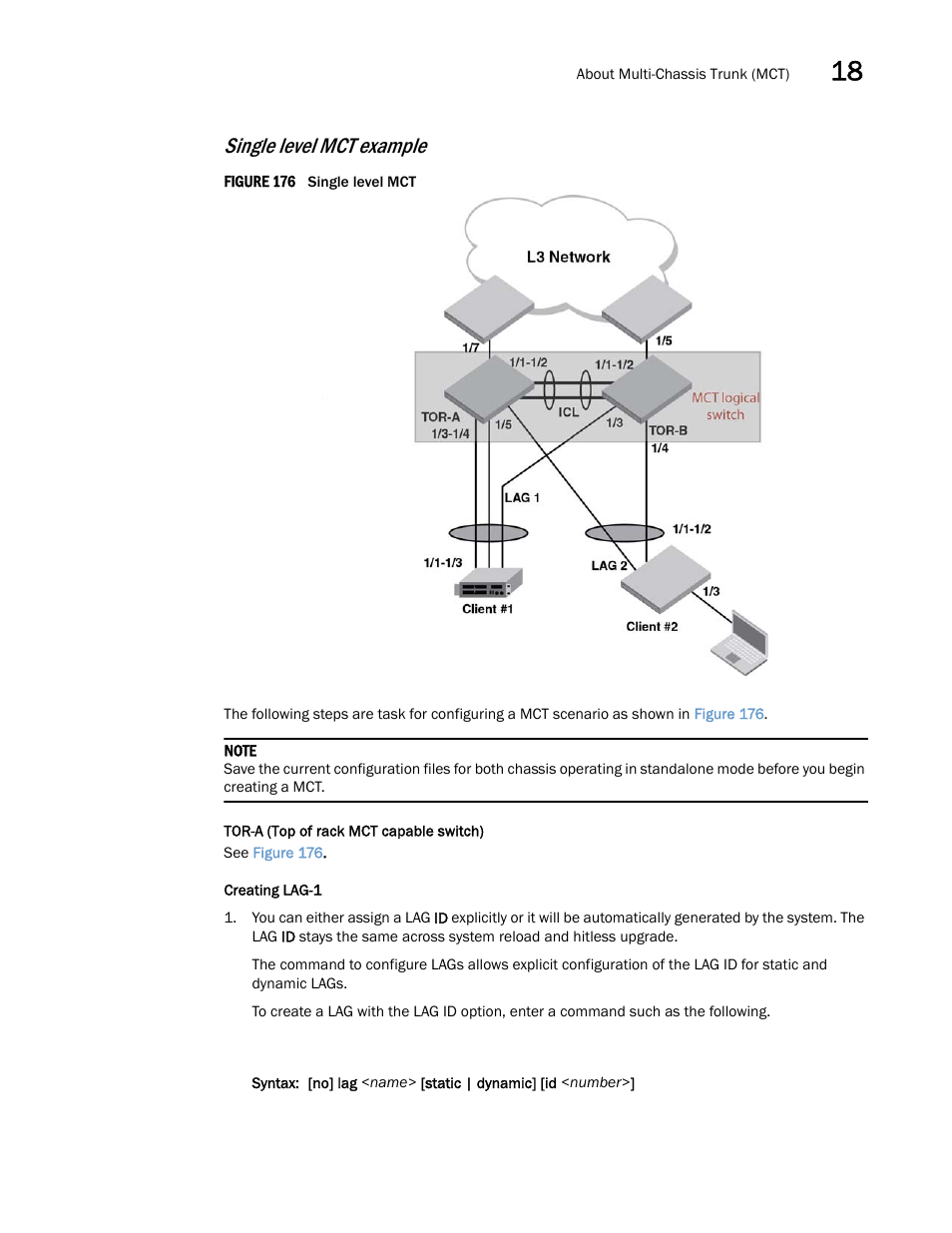 Single level mct example | Brocade Multi-Service IronWare Switching Configuration Guide (Supporting R05.6.00) User Manual | Page 635 / 984