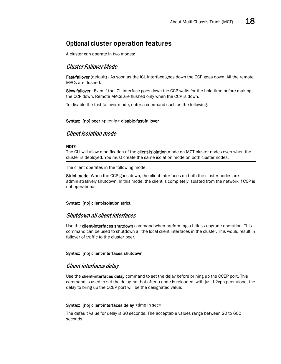 Optional cluster operation features, Cluster failover mode, Client isolation mode | Shutdown all client interfaces, Client interfaces delay | Brocade Multi-Service IronWare Switching Configuration Guide (Supporting R05.6.00) User Manual | Page 651 / 984