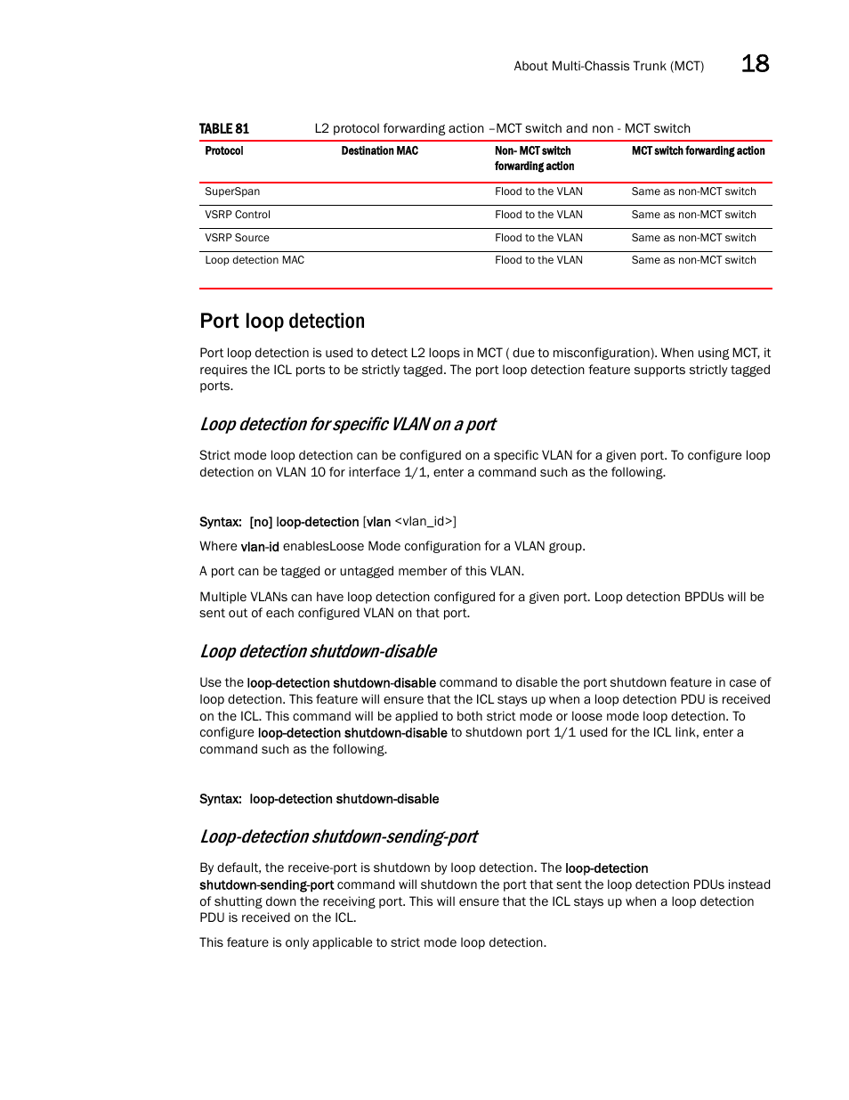 Port loop detection, Loop detection for specific vlan on a port, Loop detection shutdown-disable | Loop-detection shutdown-sending-port | Brocade Multi-Service IronWare Switching Configuration Guide (Supporting R05.6.00) User Manual | Page 655 / 984