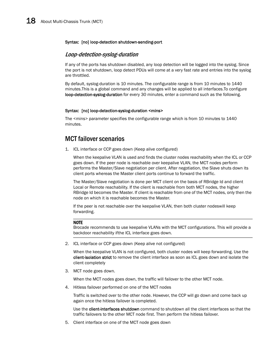 Mct failover scenarios, Loop-detection-syslog-duration | Brocade Multi-Service IronWare Switching Configuration Guide (Supporting R05.6.00) User Manual | Page 656 / 984