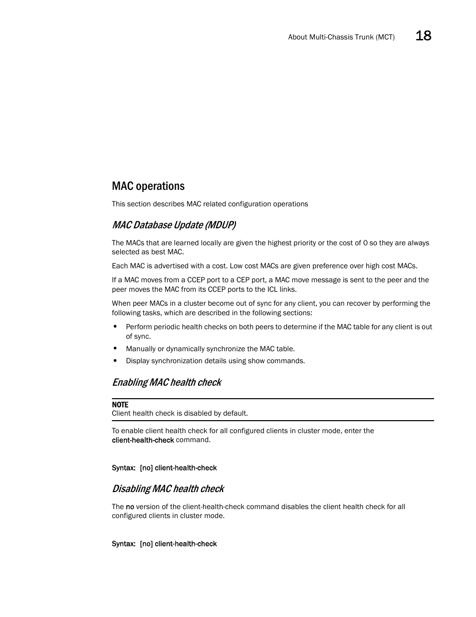 Mac operations, Mac database update (mdup), Enabling mac health check | Disabling mac health check | Brocade Multi-Service IronWare Switching Configuration Guide (Supporting R05.6.00) User Manual | Page 663 / 984