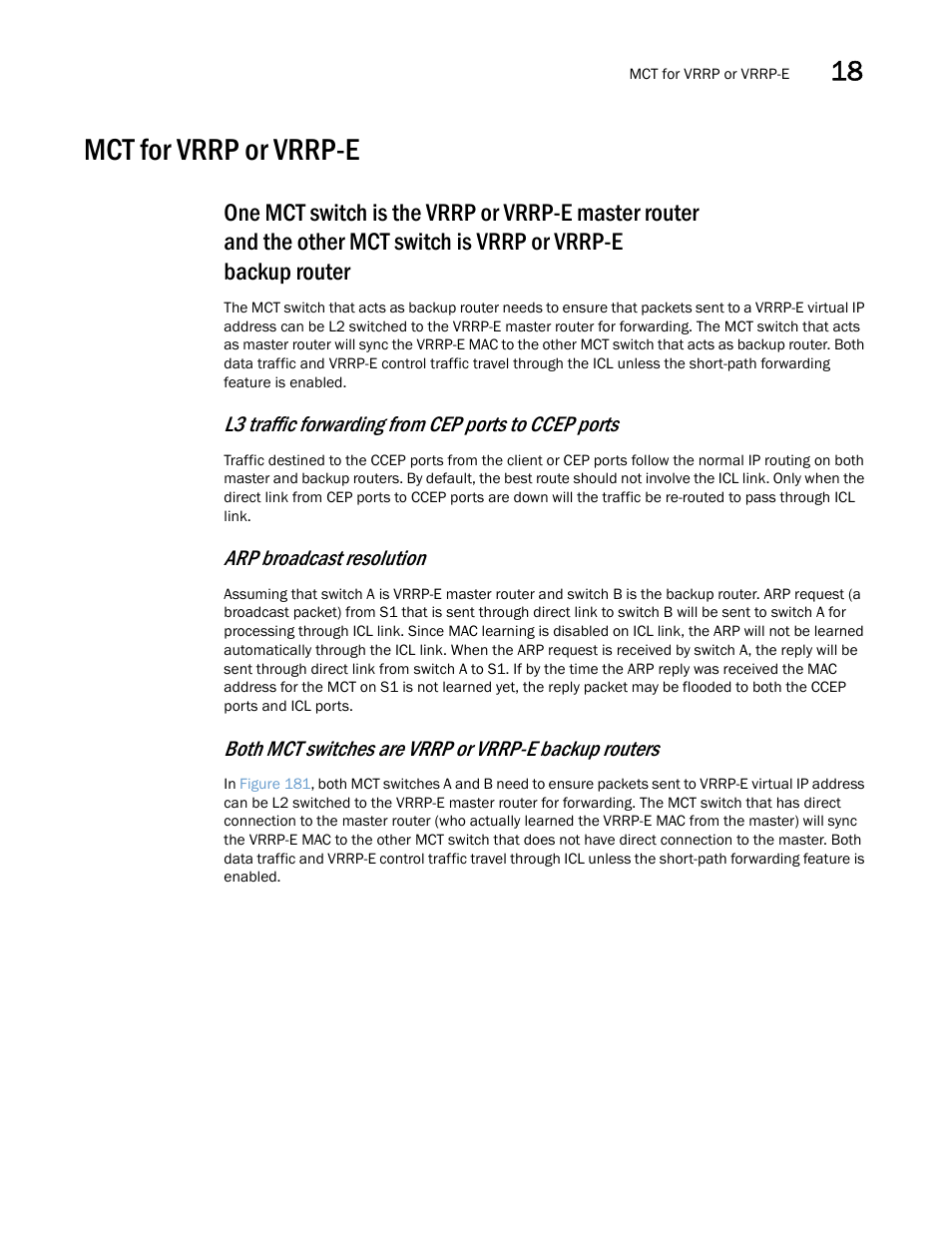 Mct for vrrp or vrrp-e, L3 traffic forwarding from cep ports to ccep ports, Arp broadcast resolution | Brocade Multi-Service IronWare Switching Configuration Guide (Supporting R05.6.00) User Manual | Page 689 / 984