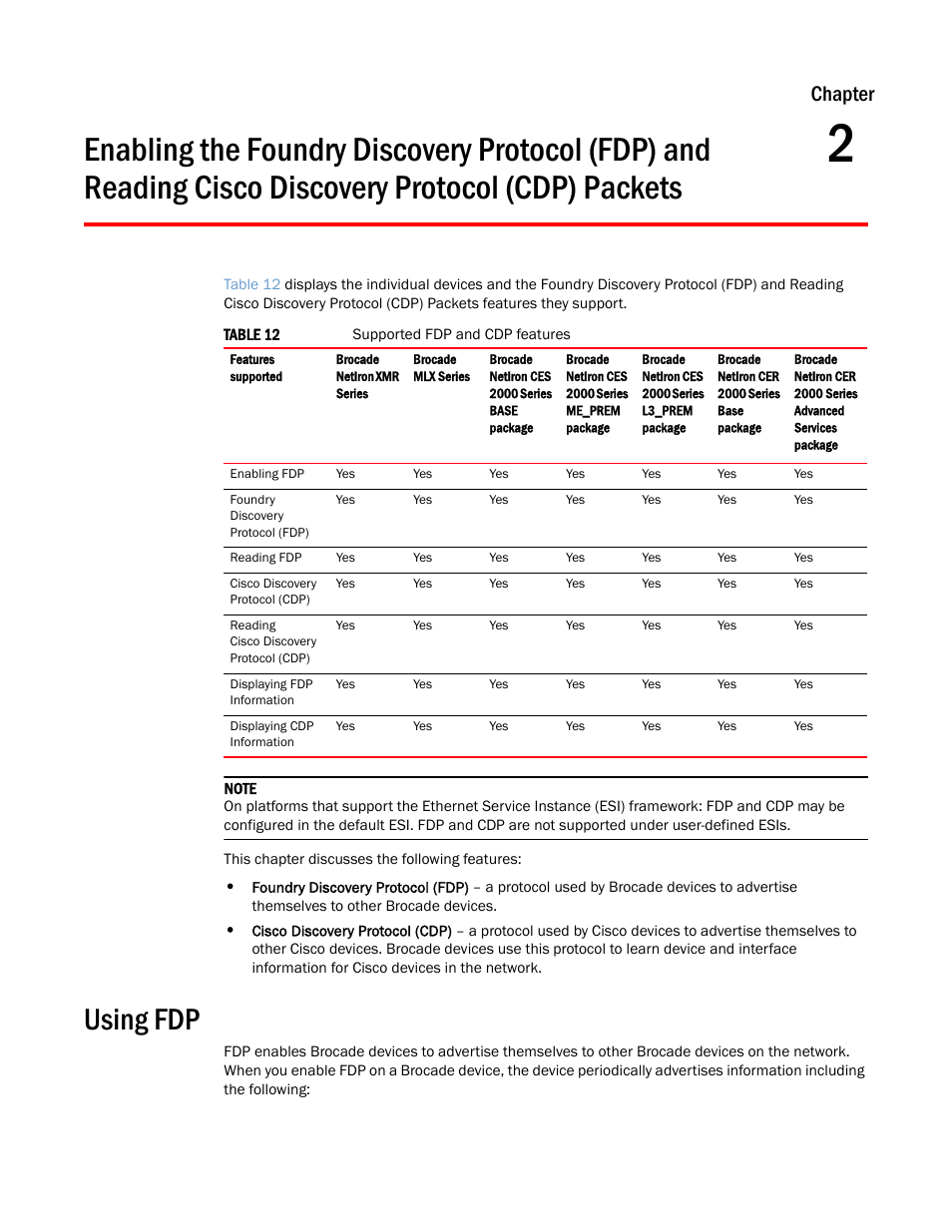 Using fdp, Chapter 2, Enabling the foundry discovery protocol (fdp) and | Reading cisco discovery protocol (cdp) packets, Chapter | Brocade Multi-Service IronWare Switching Configuration Guide (Supporting R05.6.00) User Manual | Page 69 / 984