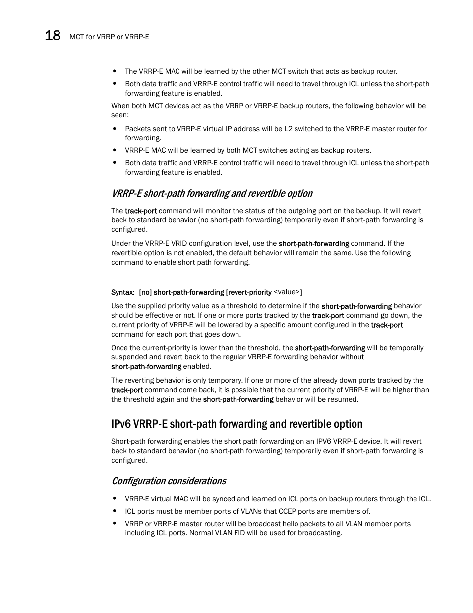 Vrrp-e short-path forwarding and revertible option, Configuration considerations | Brocade Multi-Service IronWare Switching Configuration Guide (Supporting R05.6.00) User Manual | Page 692 / 984