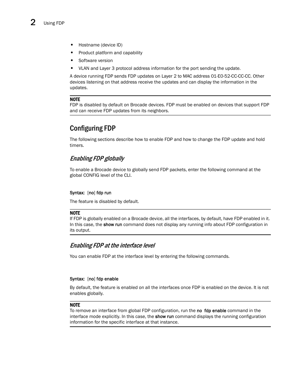 Configuring fdp, Enabling fdp globally, Enabling fdp at the interface level | Brocade Multi-Service IronWare Switching Configuration Guide (Supporting R05.6.00) User Manual | Page 70 / 984