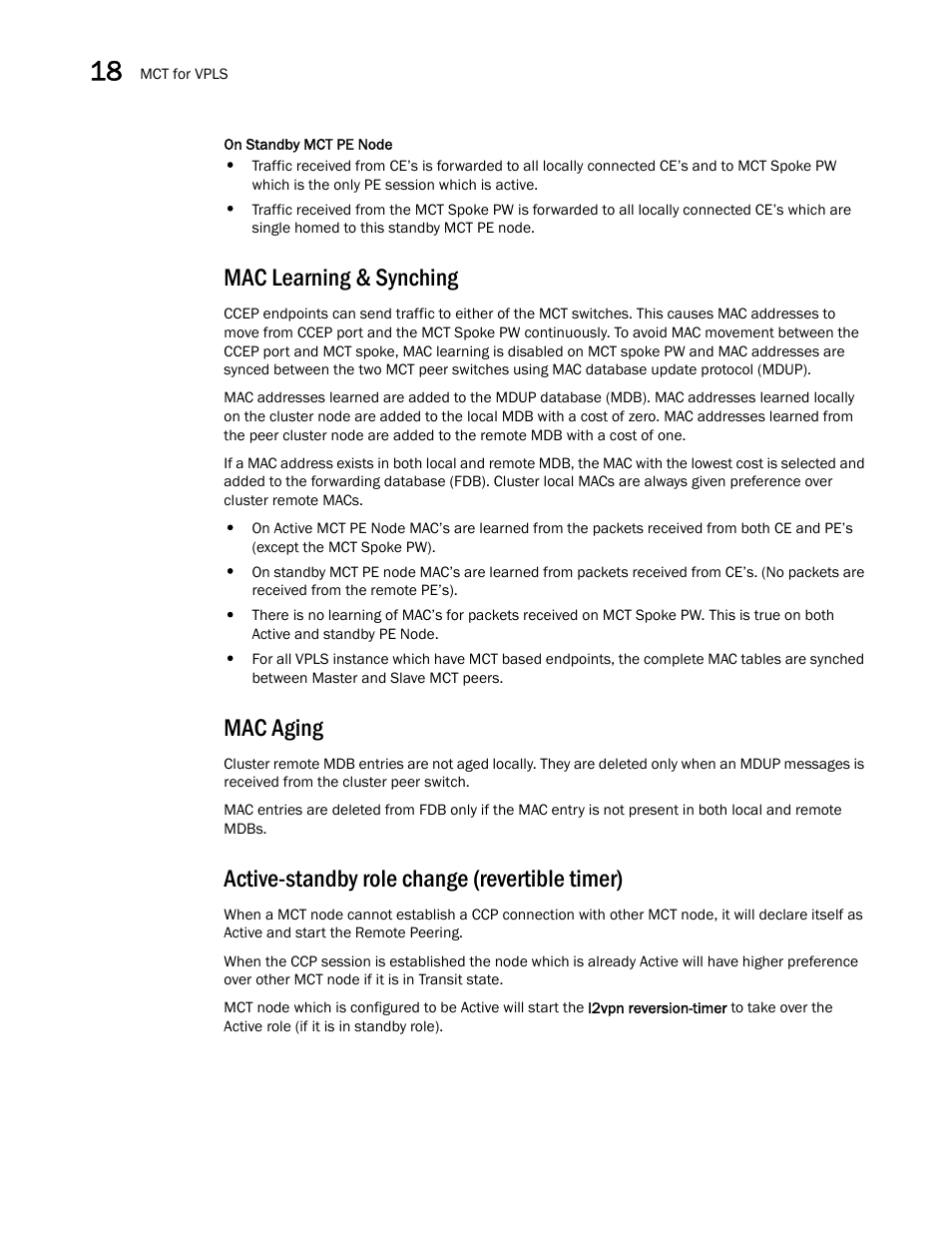 Mac learning & synching, Mac aging, Active-standby role change (revertible timer) | Brocade Multi-Service IronWare Switching Configuration Guide (Supporting R05.6.00) User Manual | Page 704 / 984