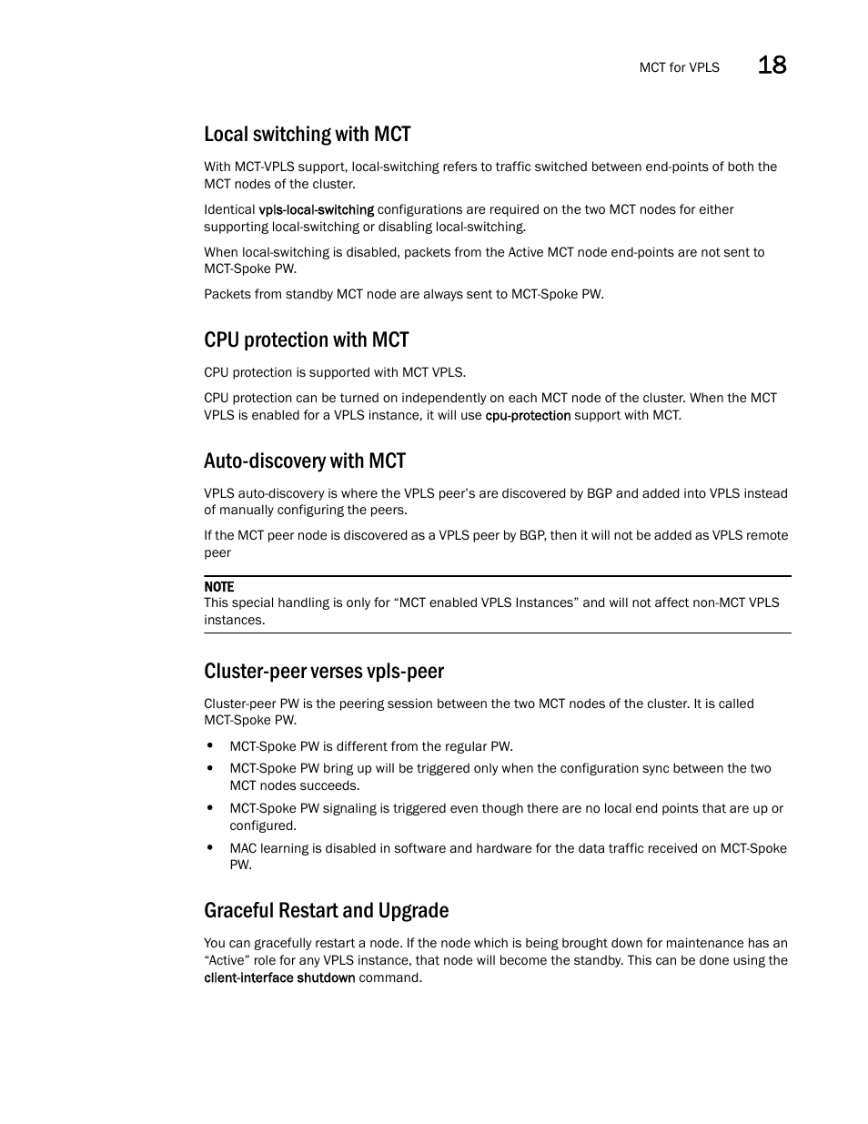 Local switching with mct, Cpu protection with mct, Auto-discovery with mct | Cluster-peer verses vpls-peer, Graceful restart and upgrade | Brocade Multi-Service IronWare Switching Configuration Guide (Supporting R05.6.00) User Manual | Page 705 / 984