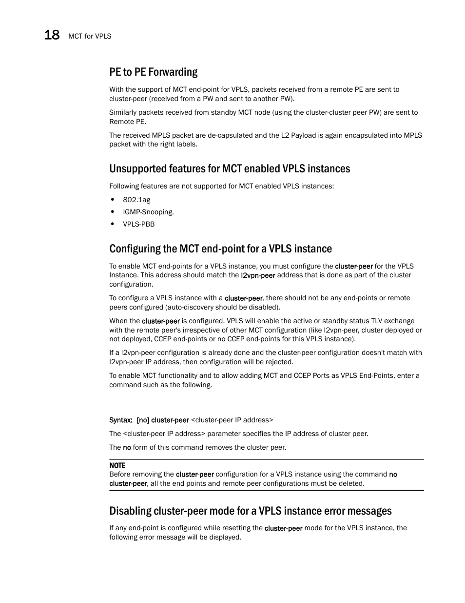 Pe to pe forwarding, Configuring the mct end-point for a vpls instance | Brocade Multi-Service IronWare Switching Configuration Guide (Supporting R05.6.00) User Manual | Page 706 / 984