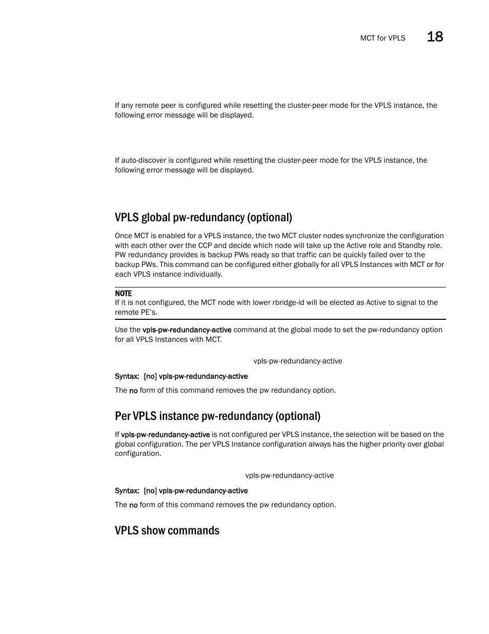 Vpls global pw-redundancy (optional), Per vpls instance pw-redundancy (optional), Vpls show commands | Brocade Multi-Service IronWare Switching Configuration Guide (Supporting R05.6.00) User Manual | Page 707 / 984