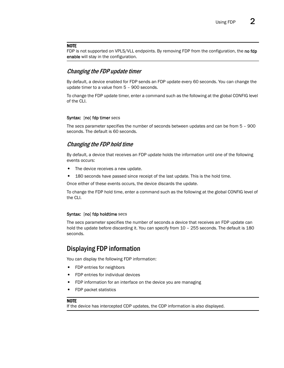 Displaying fdp information, Changing the fdp update timer, Changing the fdp hold time | Brocade Multi-Service IronWare Switching Configuration Guide (Supporting R05.6.00) User Manual | Page 71 / 984