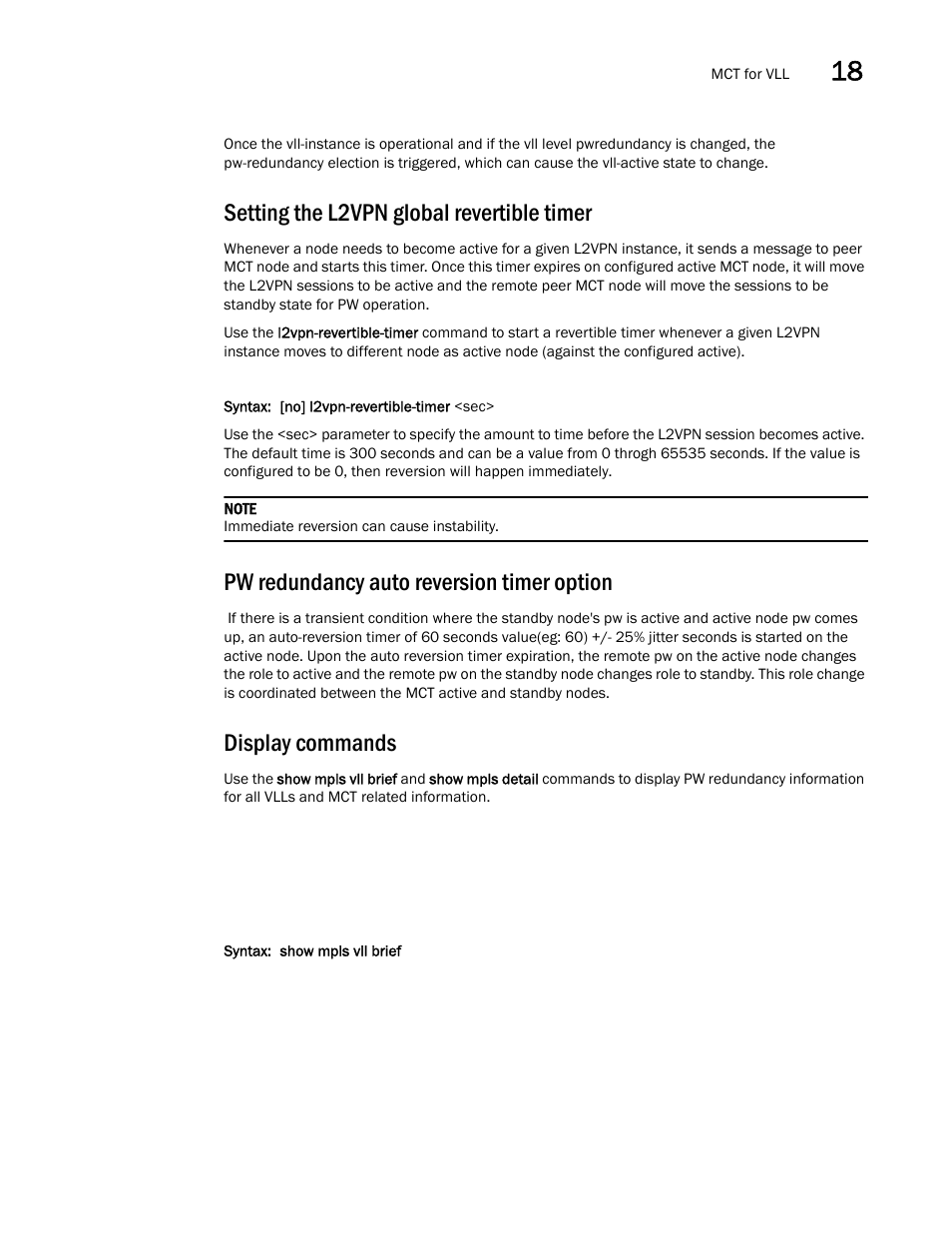 Setting the l2vpn global revertible timer, Pw redundancy auto reversion timer option, Display commands | Brocade Multi-Service IronWare Switching Configuration Guide (Supporting R05.6.00) User Manual | Page 713 / 984