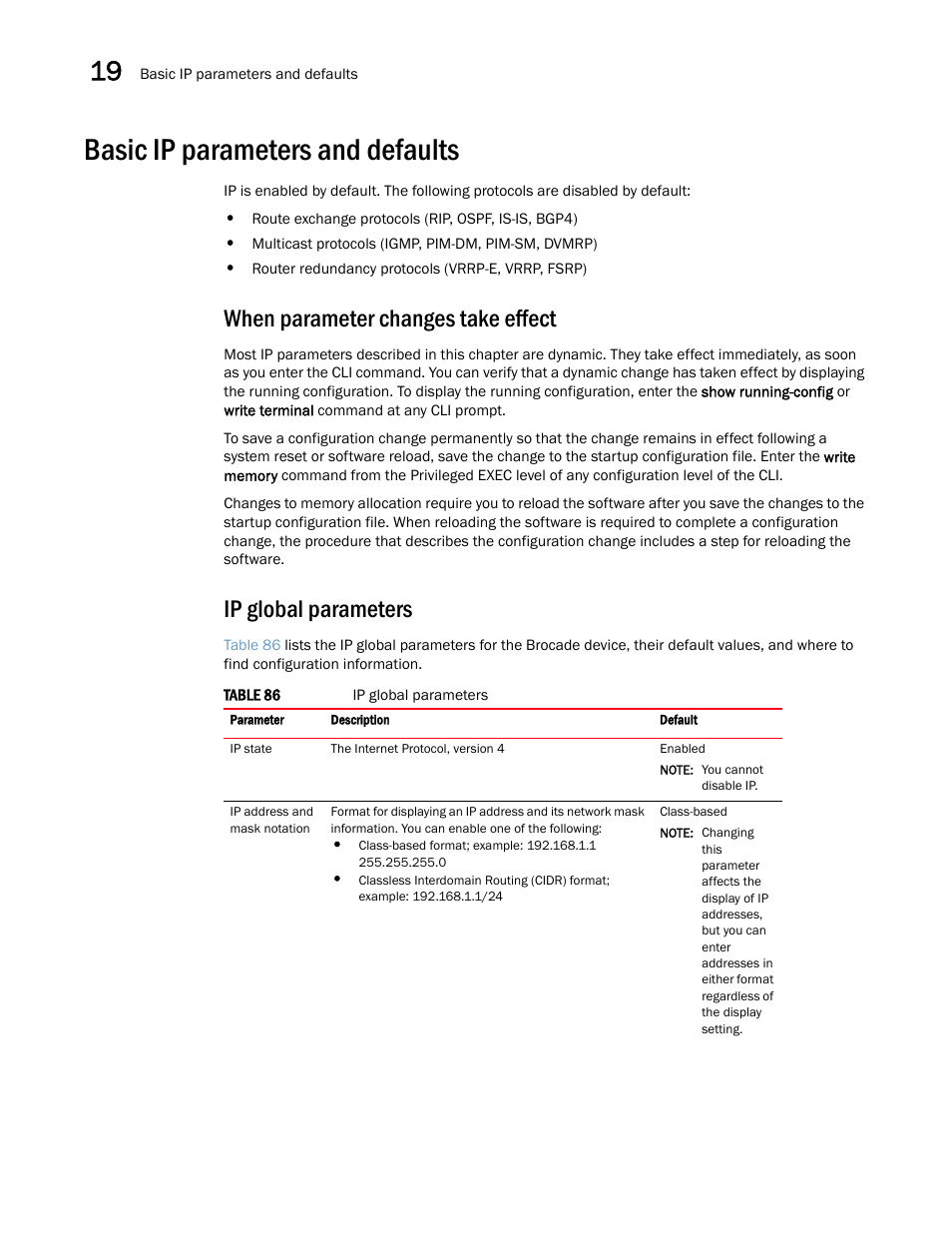 Basic ip parameters and defaults, When parameter changes take effect, Ip global parameters | Brocade Multi-Service IronWare Switching Configuration Guide (Supporting R05.6.00) User Manual | Page 736 / 984