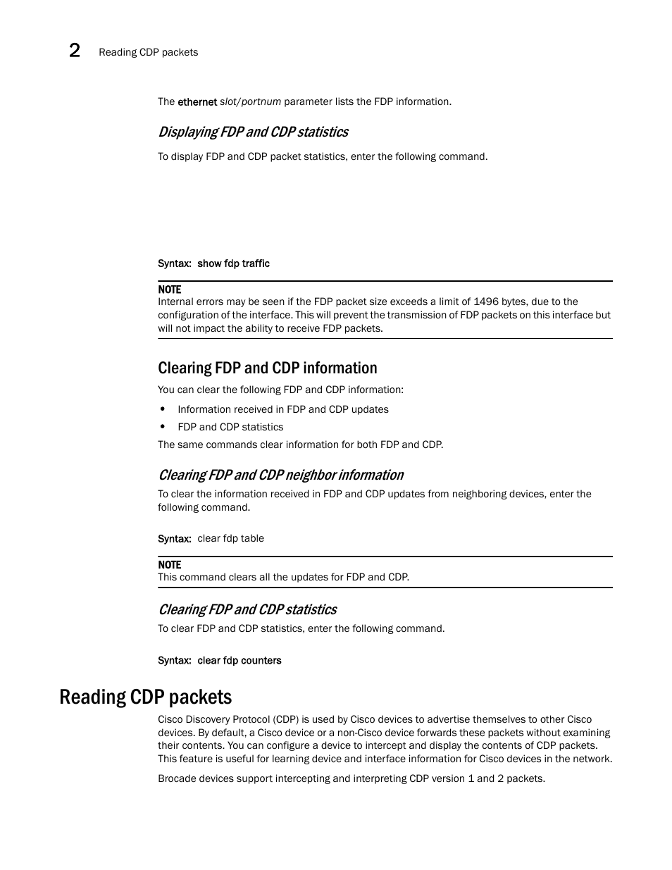 Clearing fdp and cdp information, Reading cdp packets, Displaying fdp and cdp statistics | Clearing fdp and cdp neighbor information, Clearing fdp and cdp statistics | Brocade Multi-Service IronWare Switching Configuration Guide (Supporting R05.6.00) User Manual | Page 74 / 984