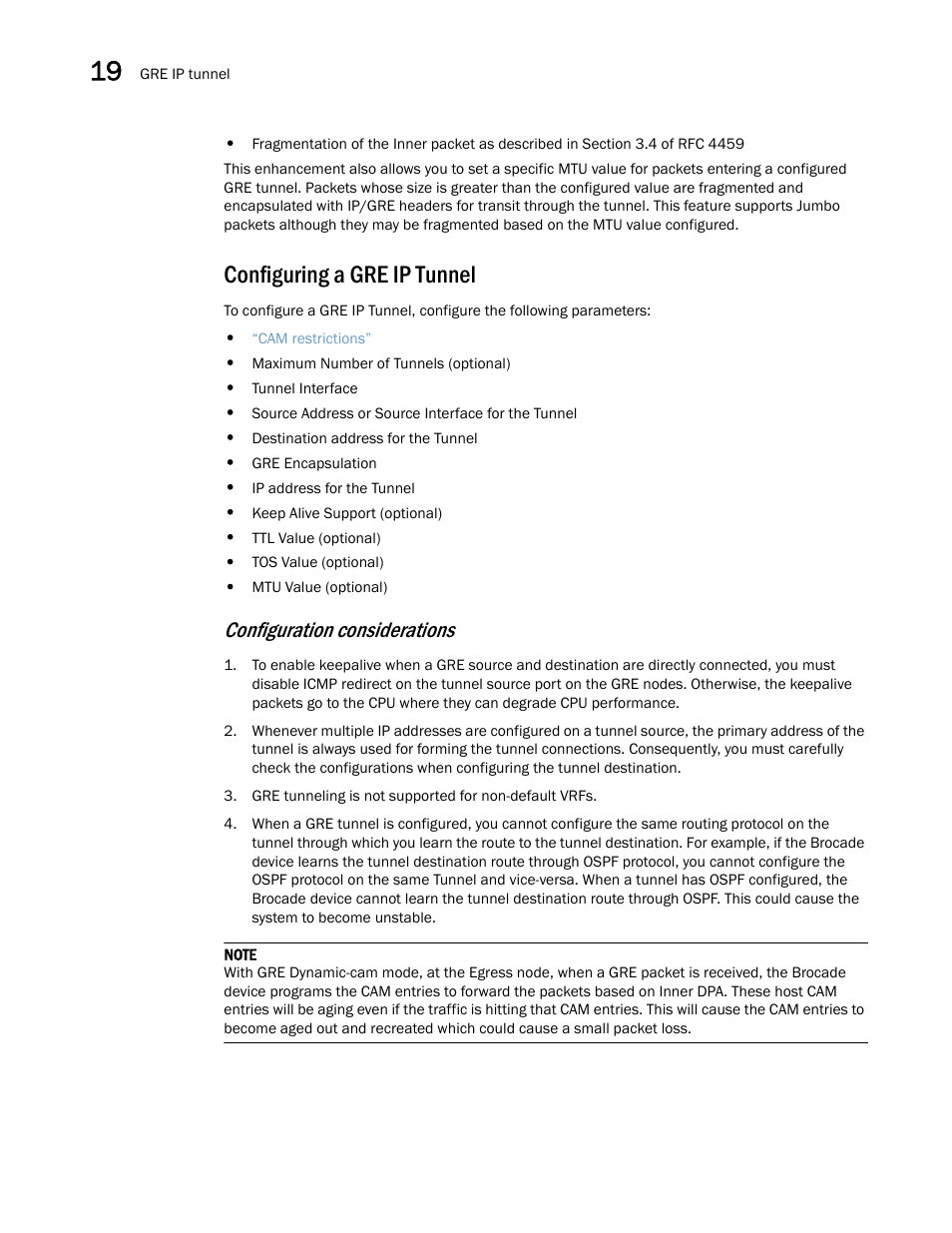 Configuring a gre ip tunnel, Configuration considerations | Brocade Multi-Service IronWare Switching Configuration Guide (Supporting R05.6.00) User Manual | Page 742 / 984