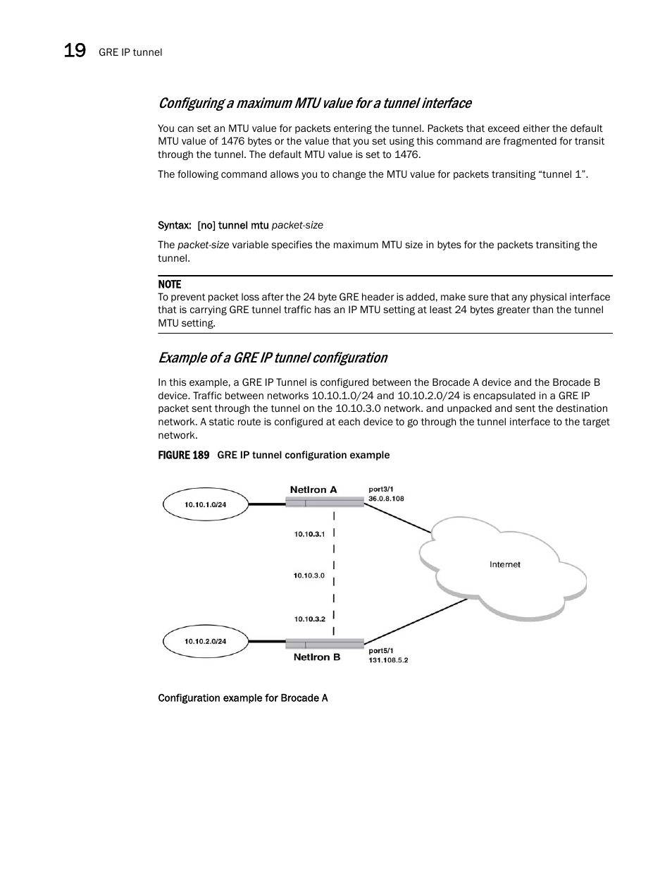 Example of a gre ip tunnel configuration | Brocade Multi-Service IronWare Switching Configuration Guide (Supporting R05.6.00) User Manual | Page 748 / 984