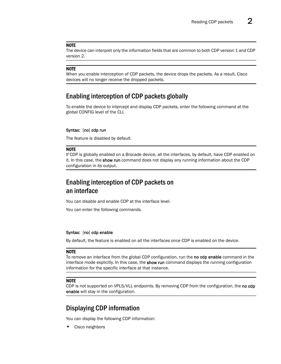 Enabling interception of cdp packets globally, Displaying cdp information | Brocade Multi-Service IronWare Switching Configuration Guide (Supporting R05.6.00) User Manual | Page 75 / 984