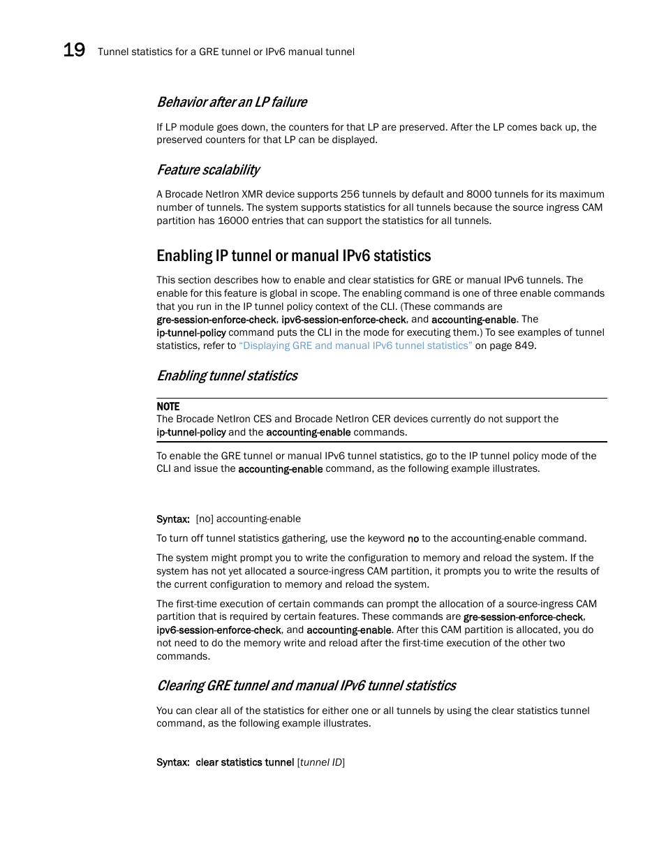 Enabling ip tunnel or manual ipv6 statistics, Enabling tunnel statistics, Clearing gre tunnel and manual ipv6 tunnel | Statistics, Behavior after an lp failure, Feature scalability | Brocade Multi-Service IronWare Switching Configuration Guide (Supporting R05.6.00) User Manual | Page 754 / 984