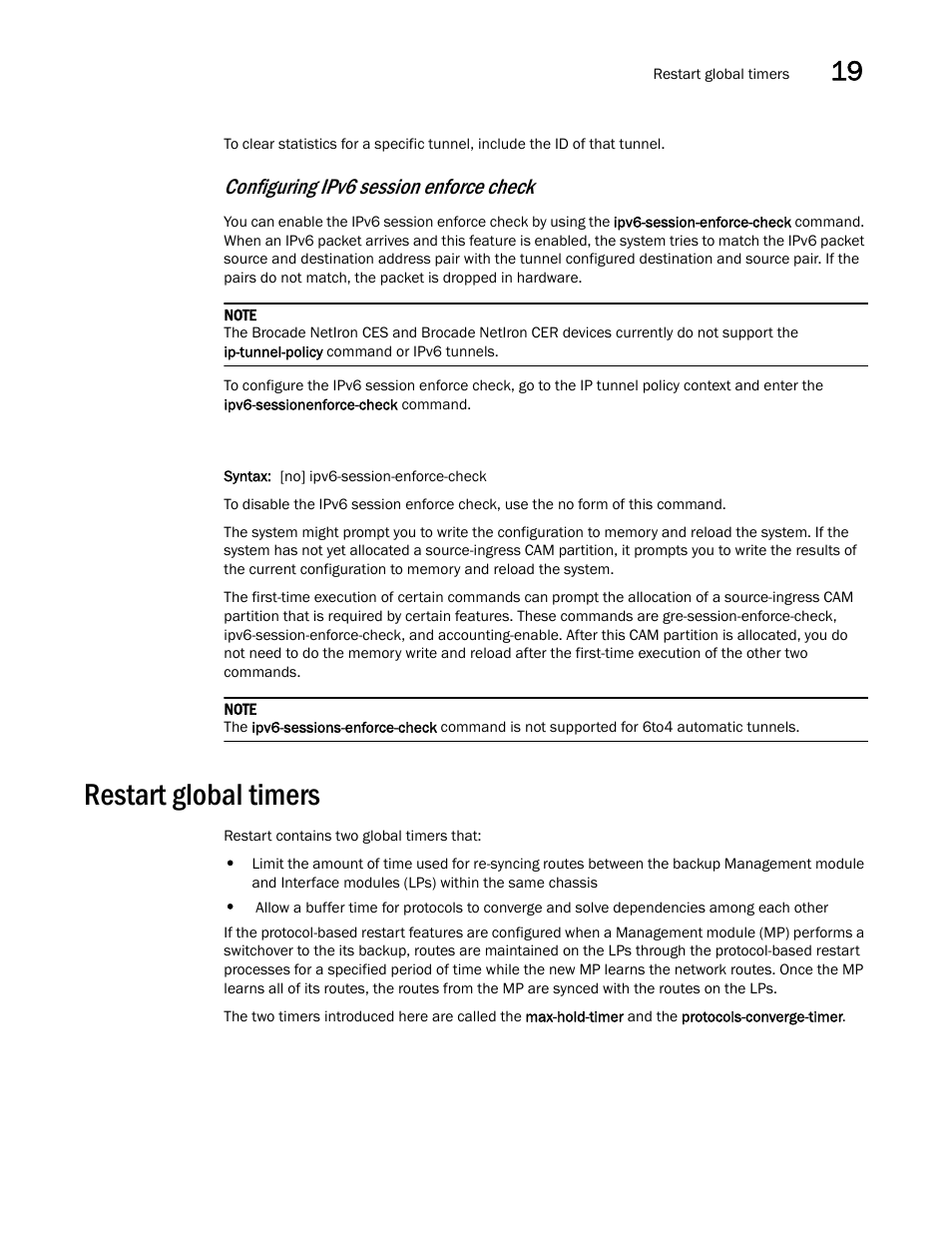 Restart global timers, Ibed in, Configuring ipv6 session enforce check | Brocade Multi-Service IronWare Switching Configuration Guide (Supporting R05.6.00) User Manual | Page 755 / 984