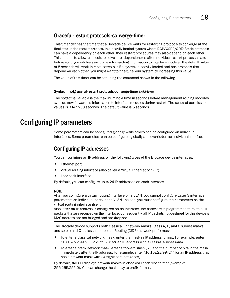 Graceful-restart protocols-converge-timer, Configuring ip parameters, Configuring ip addresses | Brocade Multi-Service IronWare Switching Configuration Guide (Supporting R05.6.00) User Manual | Page 757 / 984