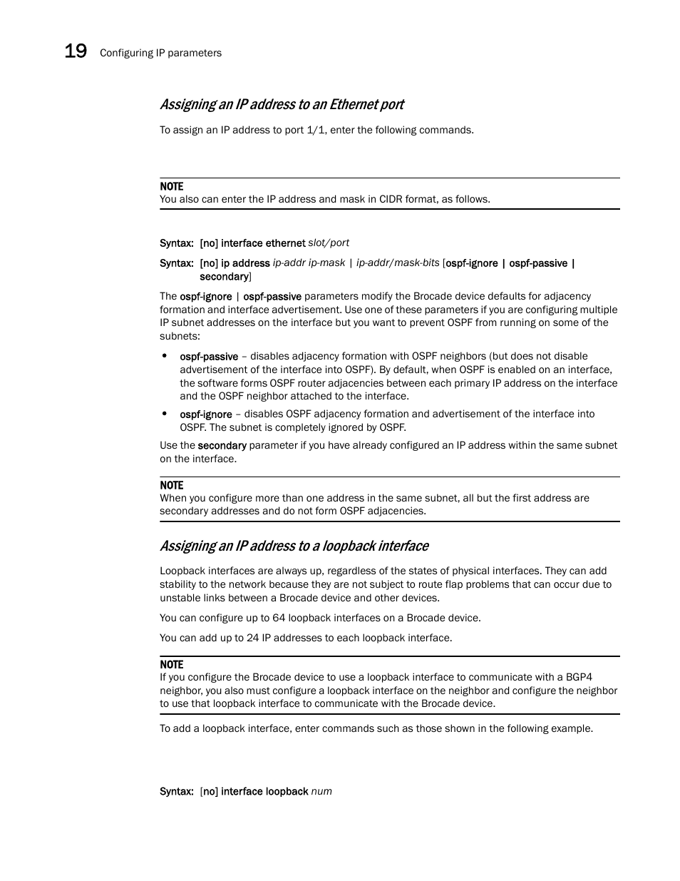 Assigning an ip address to an ethernet port, Assigning an ip address to a loopback interface | Brocade Multi-Service IronWare Switching Configuration Guide (Supporting R05.6.00) User Manual | Page 758 / 984