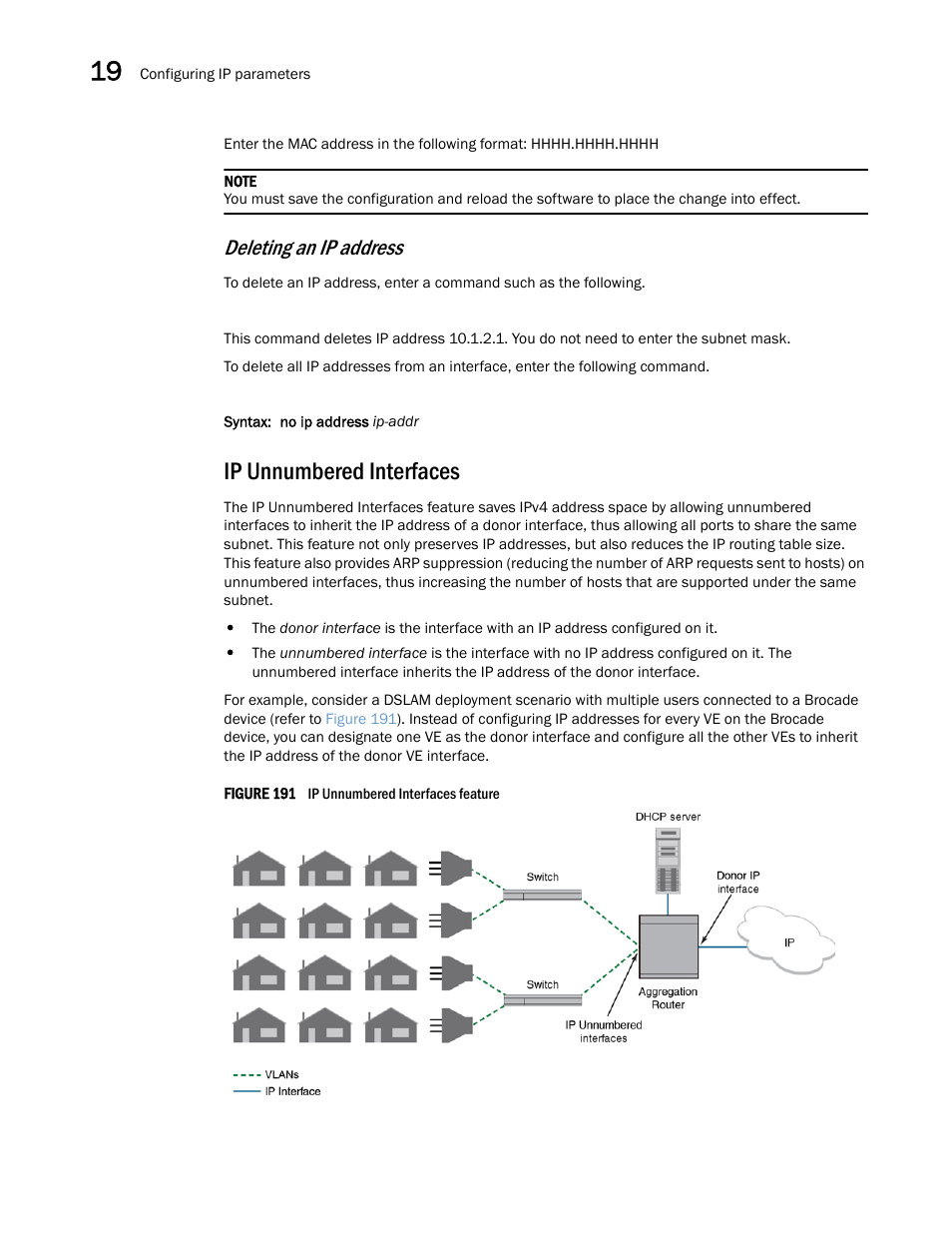 Ip unnumbered interfaces, Deleting an ip address | Brocade Multi-Service IronWare Switching Configuration Guide (Supporting R05.6.00) User Manual | Page 760 / 984