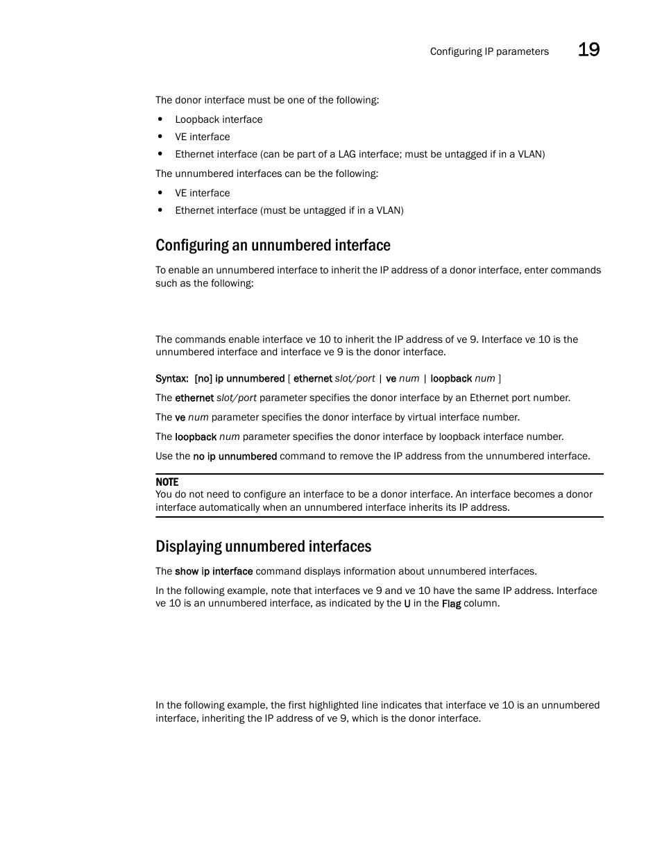 Configuring an unnumbered interface, Displaying unnumbered interfaces | Brocade Multi-Service IronWare Switching Configuration Guide (Supporting R05.6.00) User Manual | Page 761 / 984