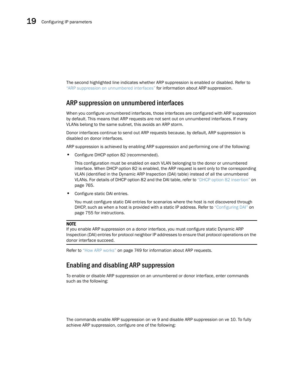 Arp suppression on unnumbered interfaces, Enabling and disabling arp suppression | Brocade Multi-Service IronWare Switching Configuration Guide (Supporting R05.6.00) User Manual | Page 762 / 984