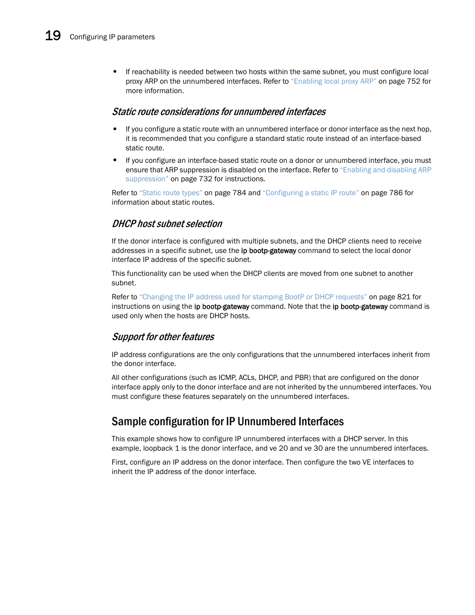 Sample configuration for ip unnumbered interfaces, Dhcp host subnet selection, Support for other features | Brocade Multi-Service IronWare Switching Configuration Guide (Supporting R05.6.00) User Manual | Page 764 / 984